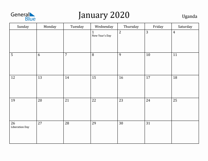 January 2020 Calendar Uganda