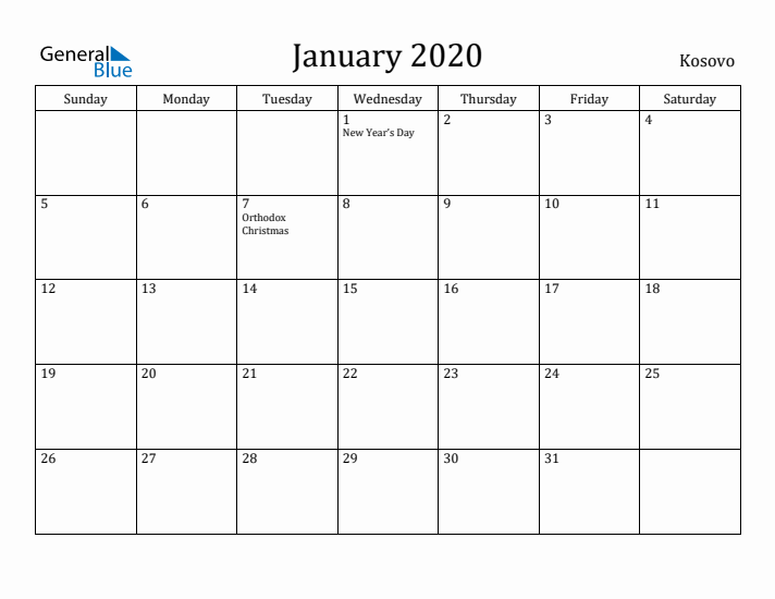 January 2020 Calendar Kosovo