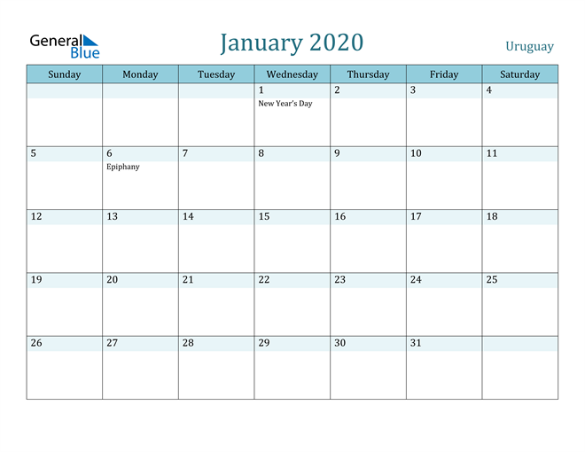 January 2020 Calendar with Holidays in PDF, Word, and Excel