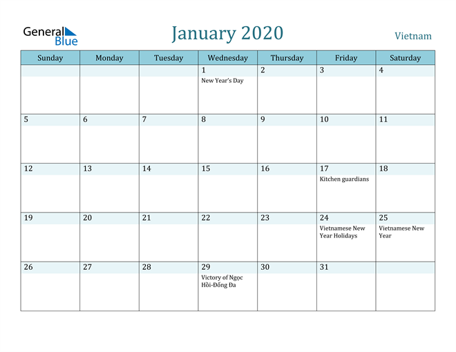 January 2020 Calendar with Holidays in PDF, Word, and Excel