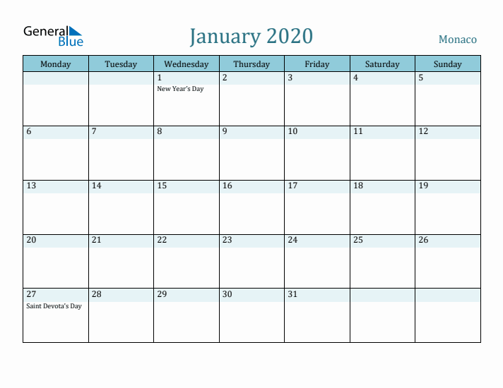 January 2020 Calendar with Holidays