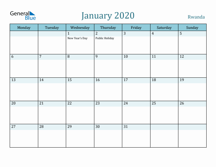 January 2020 Calendar with Holidays