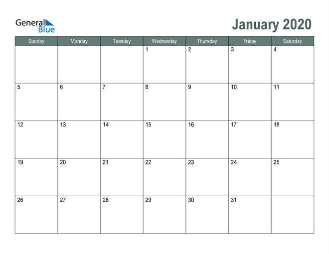  Free Printable January 2020 Calendar