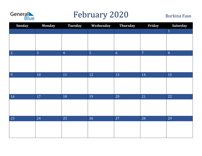 February 2020 Burkina Faso Calendar