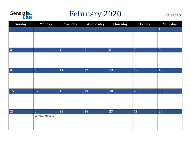 February 2020 Curacao Calendar