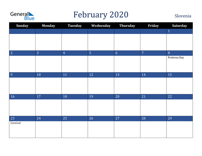 February 2020 Slovenia Calendar