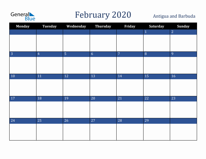 February 2020 Antigua and Barbuda Calendar (Monday Start)