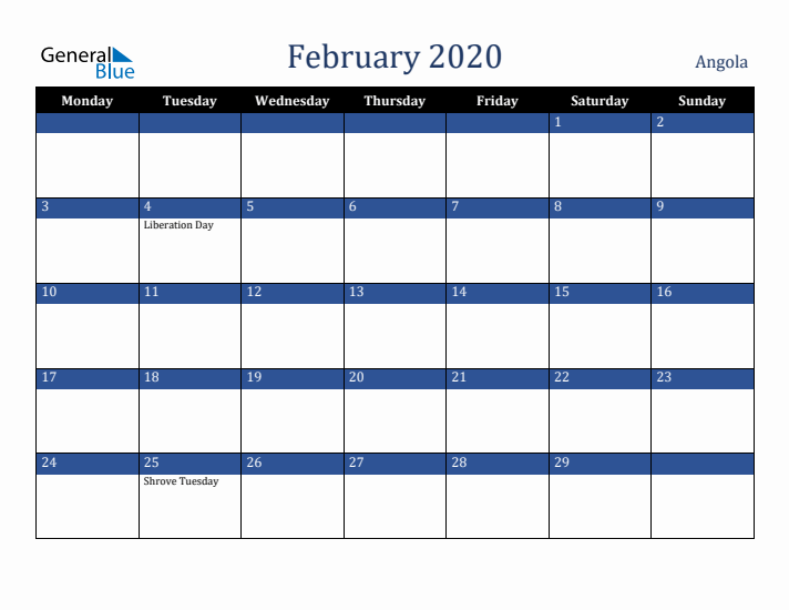 February 2020 Angola Calendar (Monday Start)