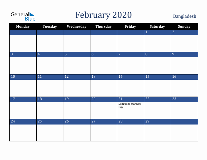 February 2020 Bangladesh Calendar (Monday Start)