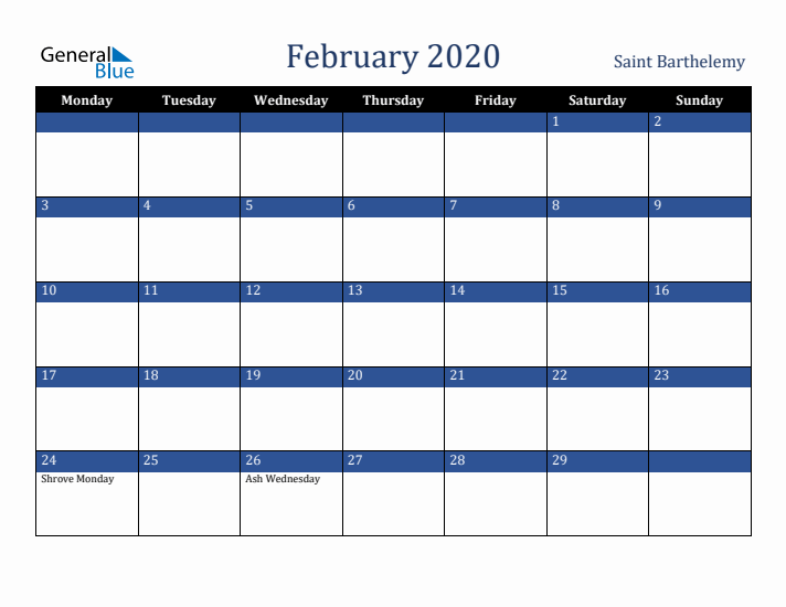 February 2020 Saint Barthelemy Calendar (Monday Start)