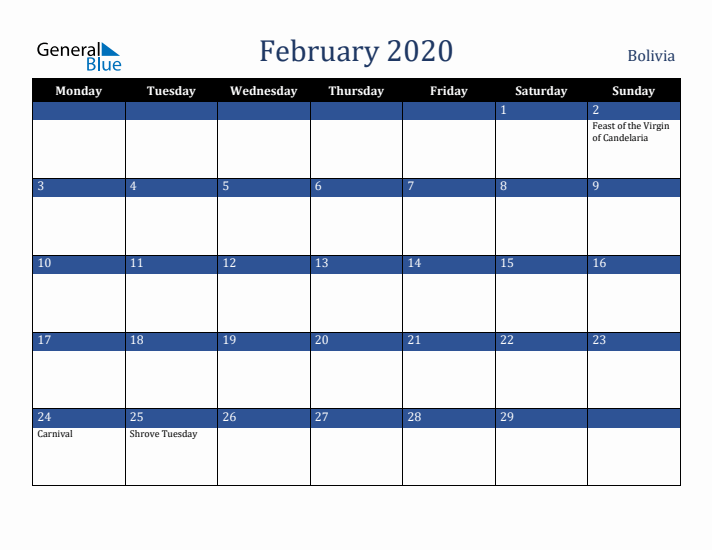 February 2020 Bolivia Calendar (Monday Start)