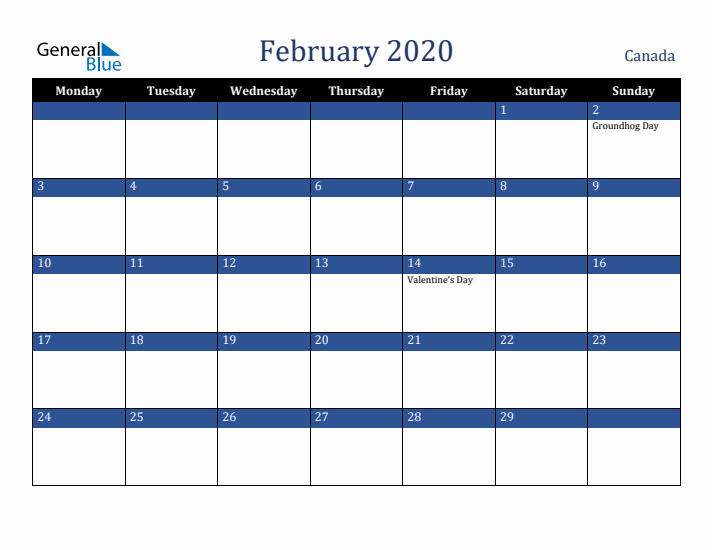 February 2020 Canada Calendar (Monday Start)