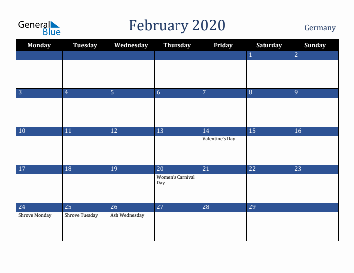 February 2020 Germany Calendar (Monday Start)