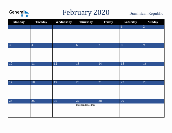 February 2020 Dominican Republic Calendar (Monday Start)