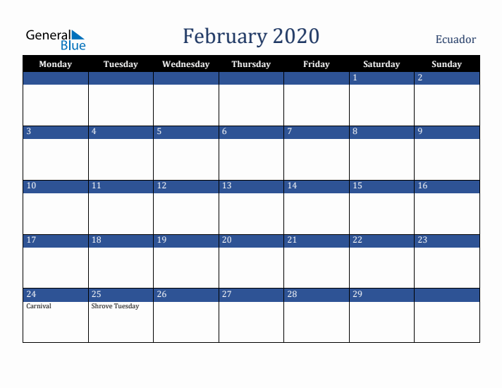 February 2020 Ecuador Calendar (Monday Start)