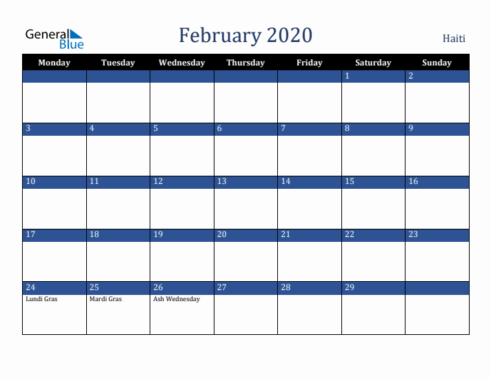 February 2020 Haiti Calendar (Monday Start)