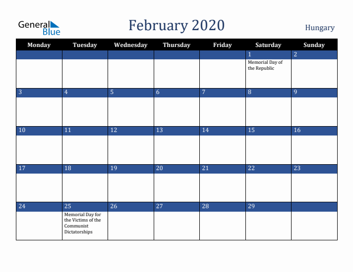 February 2020 Hungary Calendar (Monday Start)