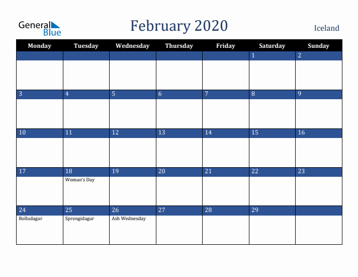 February 2020 Iceland Calendar (Monday Start)