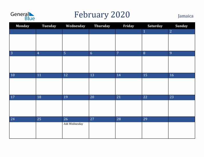 February 2020 Jamaica Calendar (Monday Start)