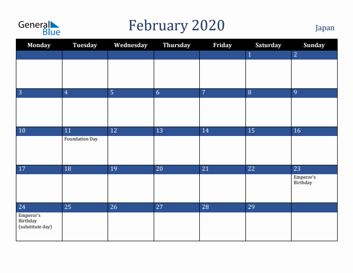 February 2020 Japan Calendar (Monday Start)
