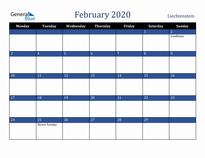 February 2020 Liechtenstein Calendar (Monday Start)