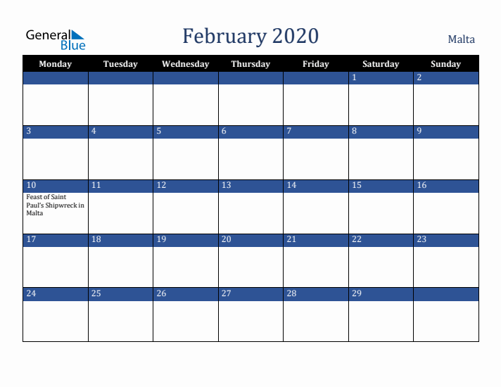 February 2020 Malta Calendar (Monday Start)