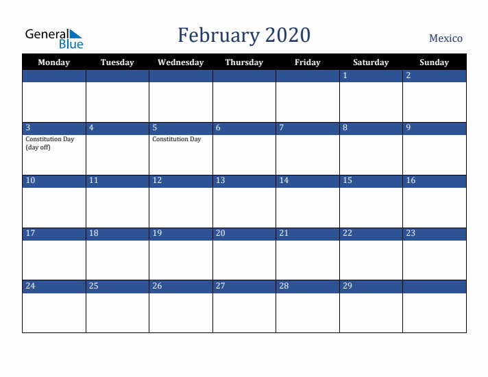 February 2020 Mexico Calendar (Monday Start)