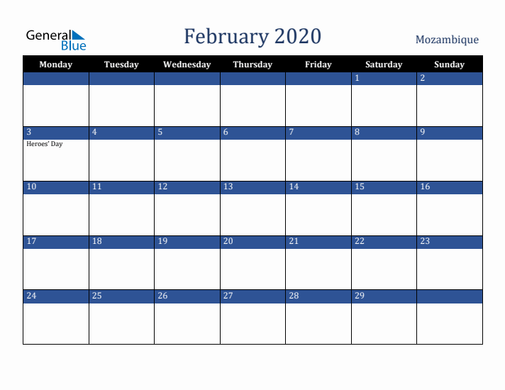 February 2020 Mozambique Calendar (Monday Start)