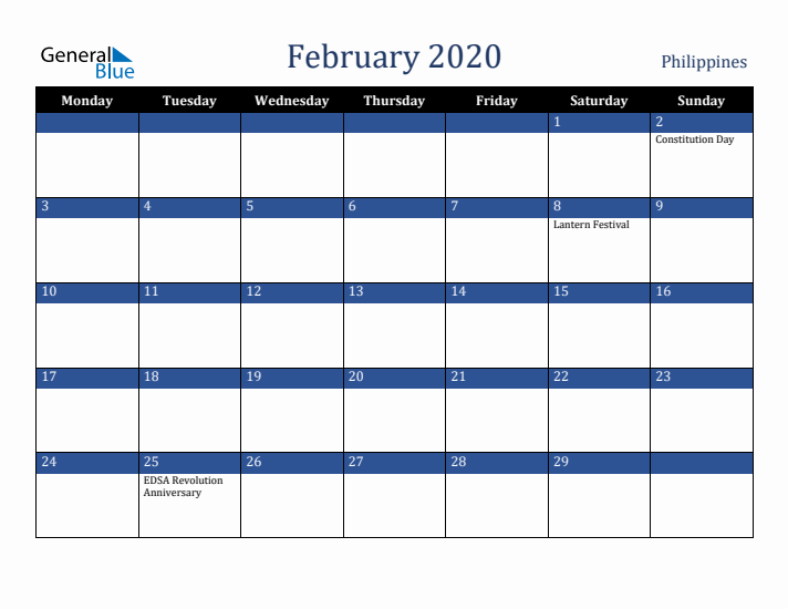 February 2020 Philippines Calendar (Monday Start)