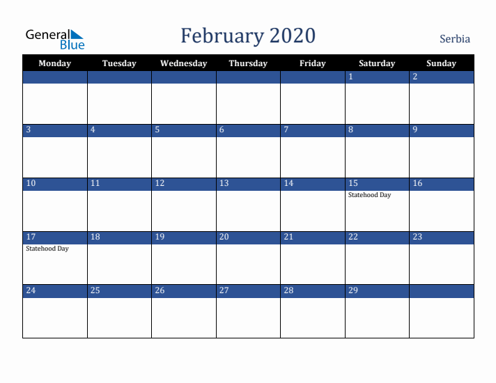 February 2020 Serbia Calendar (Monday Start)