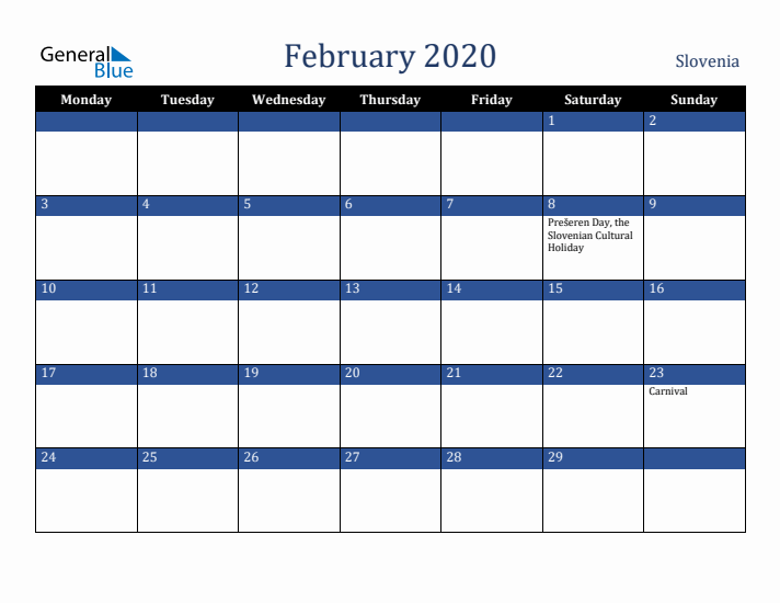 February 2020 Slovenia Calendar (Monday Start)
