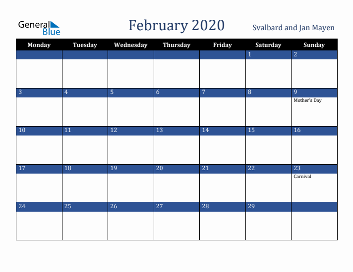 February 2020 Svalbard and Jan Mayen Calendar (Monday Start)