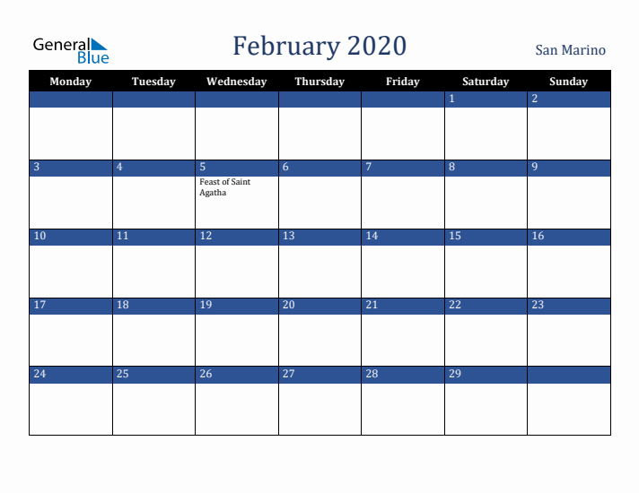 February 2020 San Marino Calendar (Monday Start)