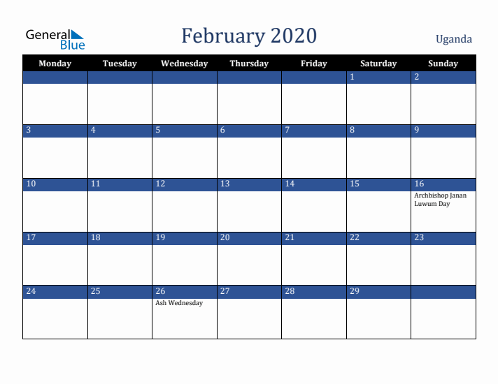 February 2020 Uganda Calendar (Monday Start)