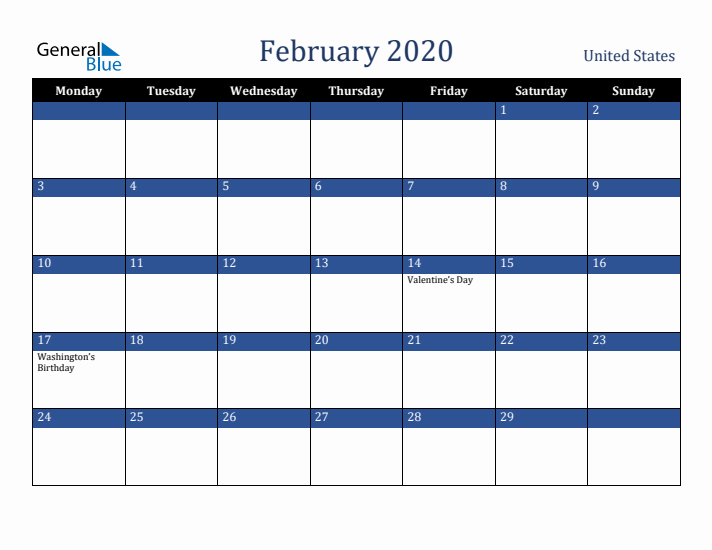 February 2020 United States Calendar (Monday Start)