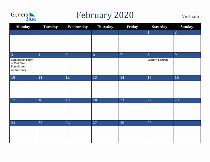 February 2020 Vietnam Calendar (Monday Start)