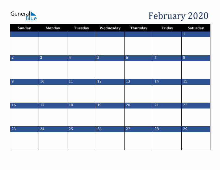 Sunday Start Calendar for February 2020