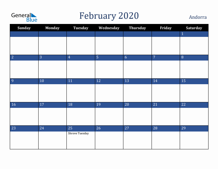 February 2020 Andorra Calendar (Sunday Start)
