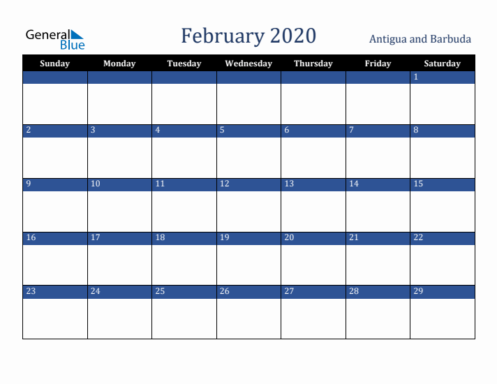 February 2020 Antigua and Barbuda Calendar (Sunday Start)