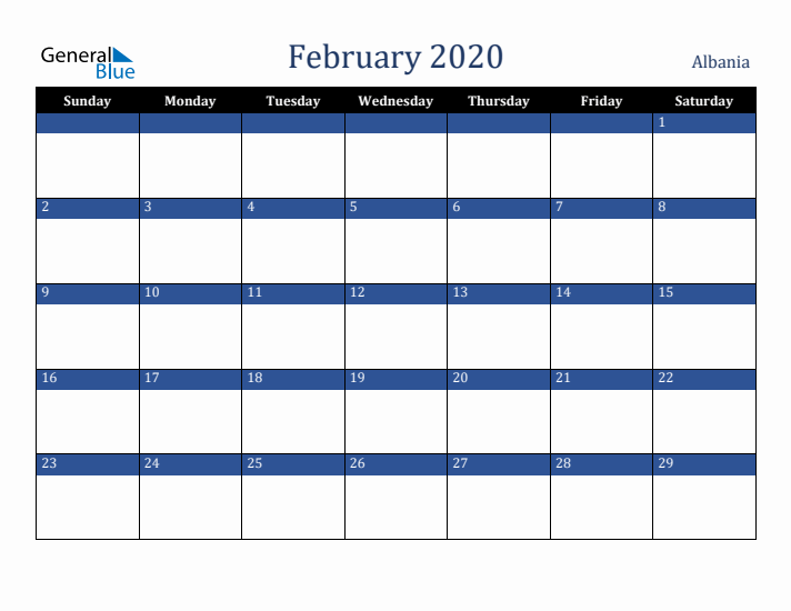 February 2020 Albania Calendar (Sunday Start)