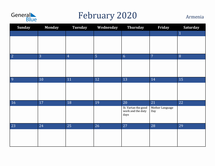 February 2020 Armenia Calendar (Sunday Start)