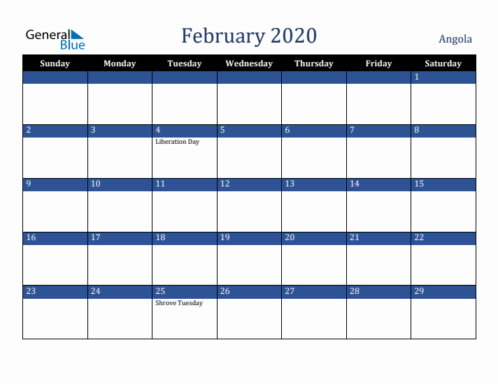 February 2020 Angola Calendar (Sunday Start)