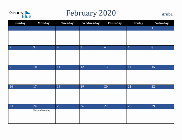 February 2020 Aruba Calendar (Sunday Start)
