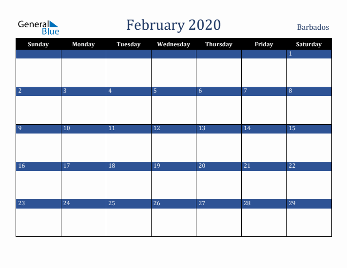 February 2020 Barbados Calendar (Sunday Start)