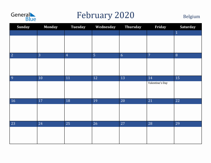 February 2020 Belgium Calendar (Sunday Start)