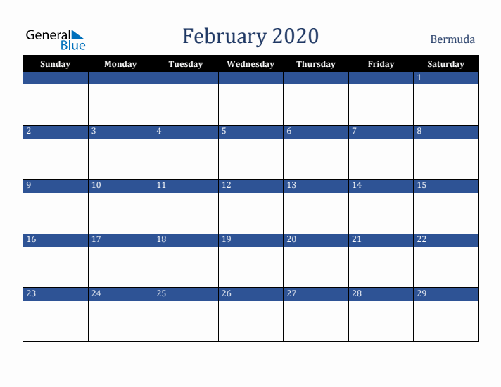 February 2020 Bermuda Calendar (Sunday Start)