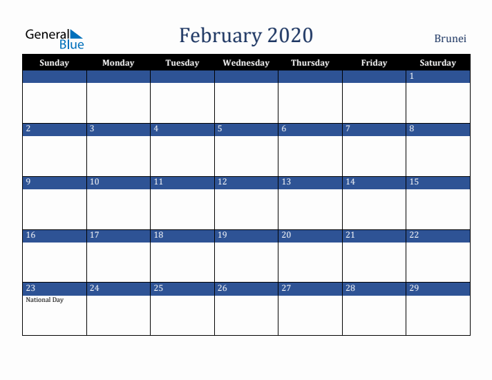February 2020 Brunei Calendar (Sunday Start)
