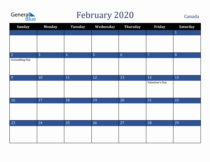 February 2020 Canada Calendar (Sunday Start)