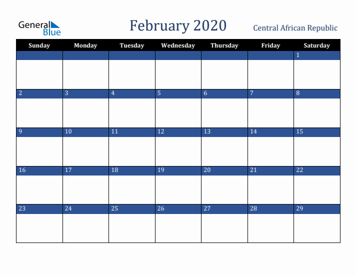February 2020 Central African Republic Calendar (Sunday Start)
