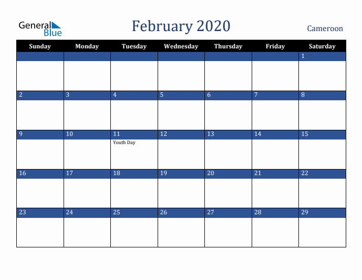 February 2020 Cameroon Calendar (Sunday Start)